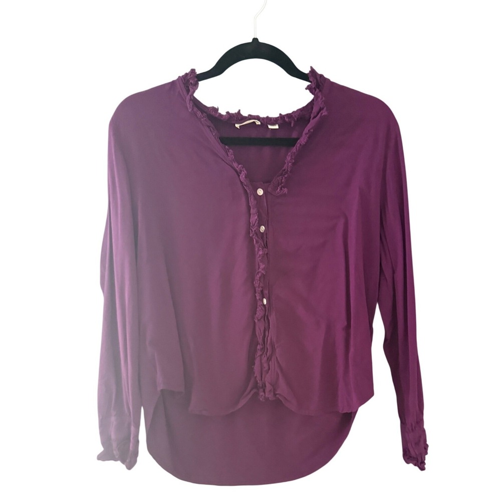 Dylan Purple Ruffle Trim Rayon Blouse Long Sleeve‎ High Low Button Up Top Large